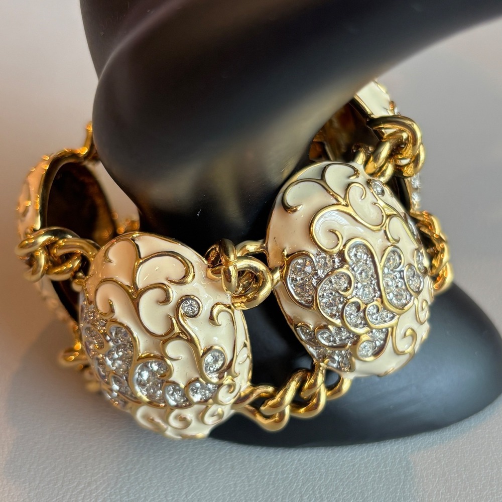 Enamel Gold Tone Filagree Chain Panel Bracelet Rhinestones Chunky 7+ inches
